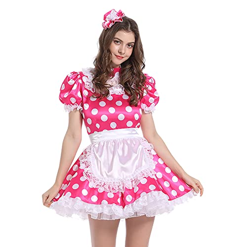 Berzial Damen Sissy French Maid Satin Punkte Spitze Schürze Cosplay Kleid Kostüm Crossdress (L) Rose Red von Berzial