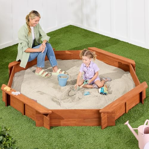 Best Choice Products Großer achteckiger Holz-Sandkasten für Kinder mit Abdeckung mit 4 verstärkten Bänken, 8 Sitzen, XL-Sandkasten, Bodenauskleidung – Braun von Best Choice Products