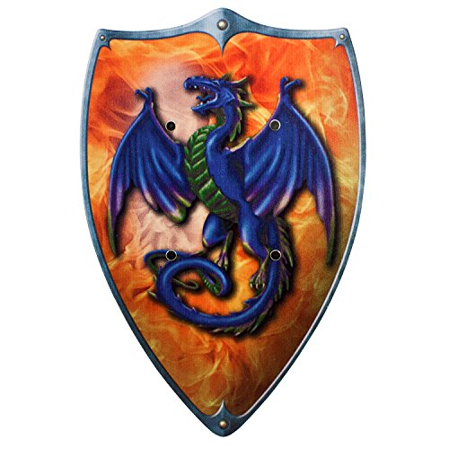 BestSaller 1161 Ritterschild Holz, 49x32cm, mit Feuer & Drache Motiv mit Ledergriff, orange/blau (1 Stück) von BestSaller