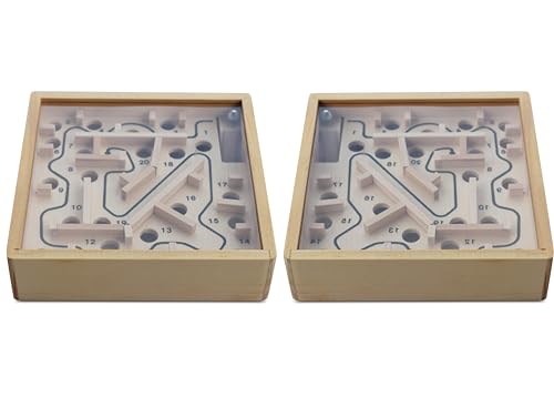 BestSaller 2X 754 Natur Holz Labyrinth Spiel, mit 1 Kugel, Geschicklichkeitsspiel, Balancespiel, ab 3 Jahren, Brettspiel mit Acrylglasscheibe, für die Reise geeignet (2 Stück) von BestSaller
