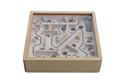 BestSaller 754 Natur Holz Labyrinth Spiel, mit 1 Kugel, Geschicklichkeitsspiel, Balancespiel, ab 3 Jahren, Brettspiel mit Acrylglasscheibe, für die Reise geeignet (1 Stück) von BestSaller