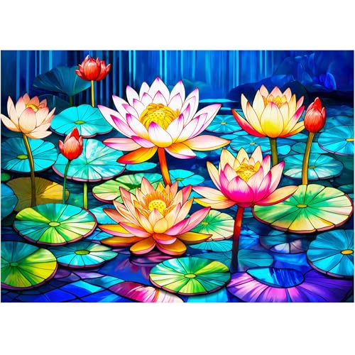 1000-teiliges Buntglas-Puzzle für Erwachsene, Bestdon-Puzzle mit Seerosenblüte, unmögliches, schwieriges, herausforderndes, farbenfrohes Lotus-Familienpuzzle als Geschenk für den Spieleabend von Bestdon