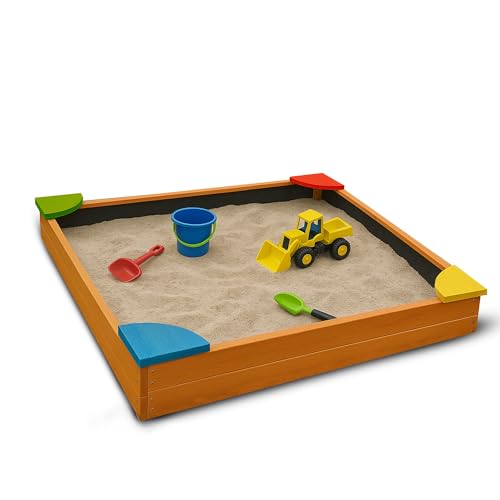Bestlivings Sandkasten mit Abdeckung 90x90x16 cm, Holz Sandbox inkl. Bodenplane gegen Unkraut und Käfer, Buddelkasten mit bunten Ecken für den Garten von Bestlivings