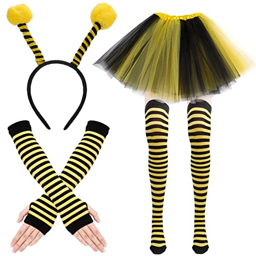 Bienenkostüm Erwachsene, Karneval Kostüm Damen Bienen Haarreif Tüll Rock Gestreifte Überkniestrümpfe Lange Handschuhe Fasching Kostüm Damen Karneval Verkleidung von Bestomrogh