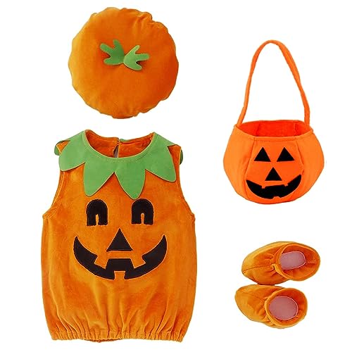 Bestwishing Halloween Kostüm Kürbis Kinder,Kürbiskostüm mit hut halloween süssigkeiten beutel, kürbis kostüm kinder Für Junge Mädchen Cosplay Halloween Fasching Party 3-10 Jahre (90-110cm) von Bestwishing