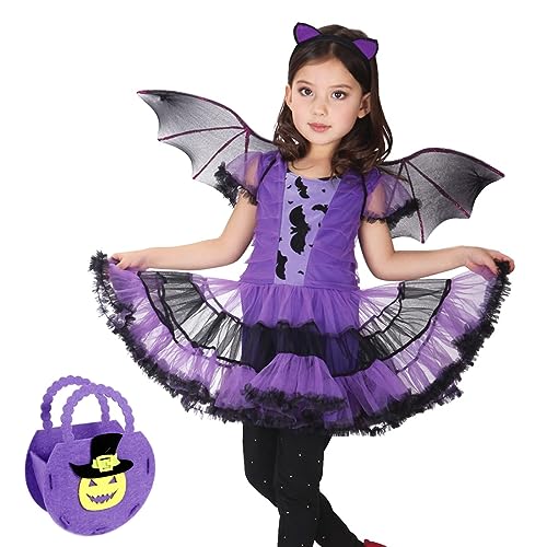 Bestwishing Mädchen Fledermaus Halloween Kostüm Hexe Cosplay Kostüm Karneval Kostüm für Kinder Lila Fledermausrock mit Flügel und Stirnband für Halloween Karnevals Cosplay Fasching Party von Bestwishing