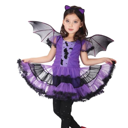 Bestwishing Mädchen Fledermaus Halloween Kostüm Hexe Cosplay Kostüm Karneval Kostüm für Kinder Lila Fledermausrock mit Flügel und Stirnband für Halloween Karnevals Cosplay Fasching Party (110cm) von Bestwishing