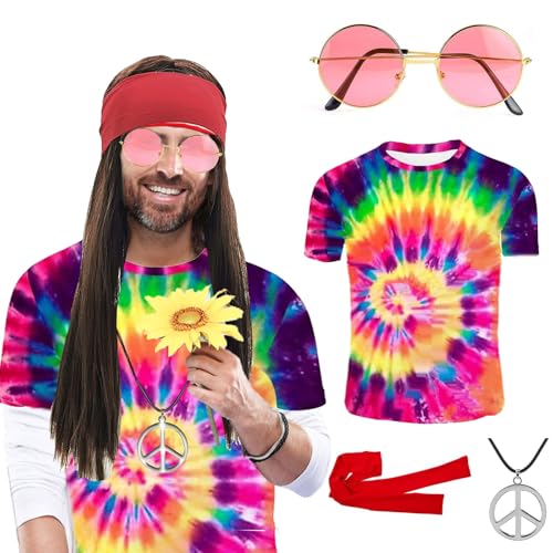 Betensh 70er Hippie Kostüm Herren Damen, Hippie Accessoires Batik Shirt Hippie Brille Peace Kette, Perücke Herren, 70er Jahre Outfit Herren für Karneval Cosplay XL Betensh 70er Hippie Kostüm Herren Damen, Hippie Accessoires Batik Shirt Hippie Brille Peace Kette, Perücke Herren, 70er Jahre Outfit Herren für Karneval Cosplay XL von Betensh