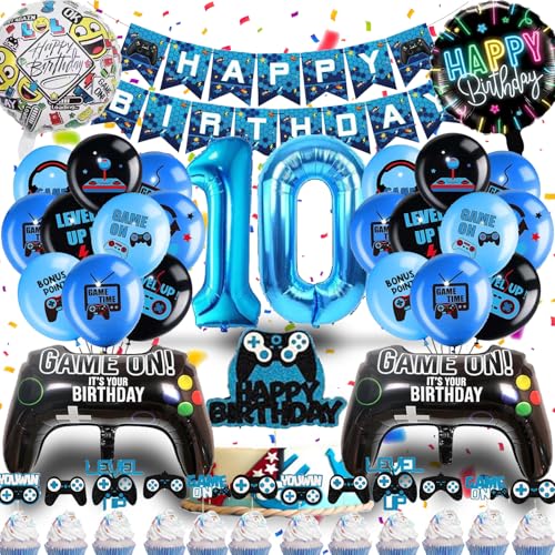 Betensh Deko 10 Geburtstag Junge, Luftballon 10. Geburtstag Junge,Ggeburtstagsdeko 10 Jahre Junge mit Videospiel Tortendeko, Geburtstagsdeko Junge Ballons Blau für Gamer Deko Party Deko Geburtstag von Betensh