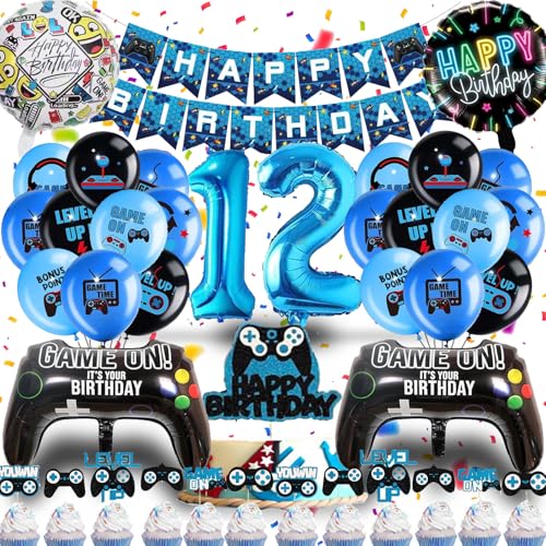 Betensh Geburtstagsdeko 12 Jahre Junge, Luftballon 12. Geburtstag Junge, Deko 12 Geburtstag Junge mit Videospiel Tortendeko, Geburtstagsdeko Junge Ballons Blau für Gamer Deko Party von Betensh