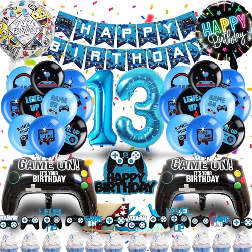 Betensh Geburtstagsdeko 13 Jahre Junge, Deko 13 Geburtstag Junge, Luftballon 13. Geburtstag Junge mit Videospiel Tortendeko, Deko Kindergeburtstag Ballons Blau für Gamer Deko Party Deko Geburtstag von Betensh