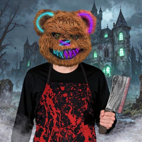 Betensh Halloween Horror Bären Maske mit Zweifarbigen Lichteffekten, Inklusive Blutiger Schürze + realistischem Messer, Party-Outfit-Prop, Unverzichtbar für Gruselige und Witzige Maskenbälle von Betensh