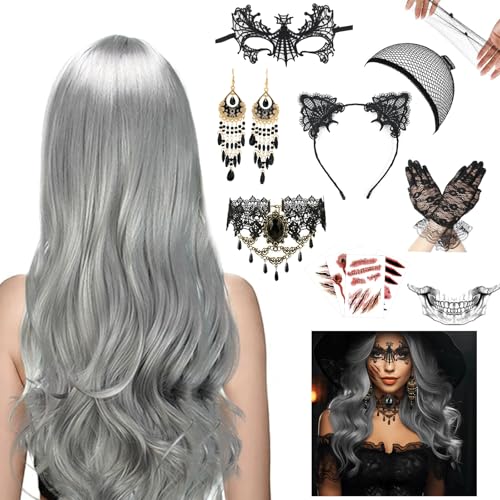 Betensh Halloween Perücken Dekoration Halloween Perücke Damen Grau, 68cm Grau Lange Gewellte Locken, Graue Perücke Damen, Gotisch Halskette Armbänder , für Halloween Party, Rollenspiel von Betensh