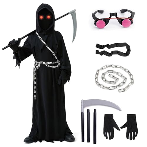 Betensh Halloween Sensenmann Kostüm Kinder, Sense Kostüm Kinder, mit Leuchtende Brillen + Sensenmann Sense + Eisenkette + Handschuhen, Halloween Party kostüme, Horror Kostüm Kids XL Betensh Halloween Sensenmann Kostüm Kinder, Sense Kostüm Kinder, mit Leuchtende Brillen + Sensenmann Sense + Eisenkette + Handschuhen, Halloween Party kostüme, Horror Kostüm Kids XL von Betensh