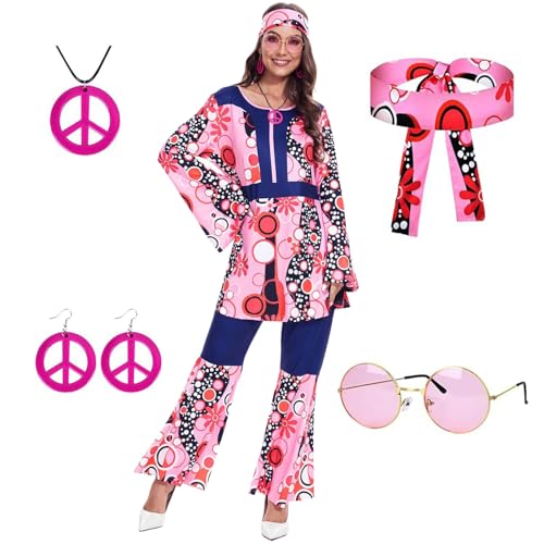 Betensh Hippie Kostüm Damen, 70er Jahre Outfit Damen, Hippie Kleidung Damen, Kostüm Damen Fasching, 60er 70er Jahre Kostüm Hippie Kleidung für Karneval Cosplay (L) von Betensh