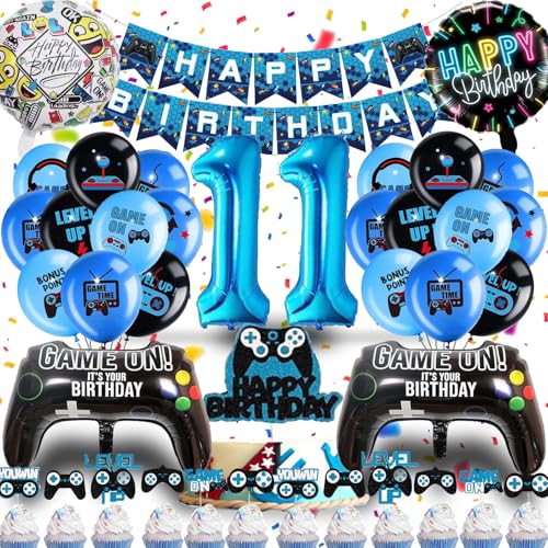 Betensh Luftballon 11 Geburtstag Junge, Deko Geburtstag 11 Jahre Junge, Geburtstagsdeko 11 Jahre Junge mit Videospiel Tortendeko, Deko Kindergeburtstag Ballons Blau für Gamer Deko von Betensh