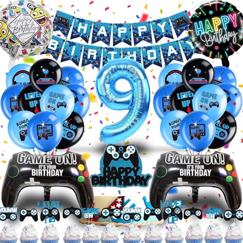 Betensh Luftballon 9. Geburtstag Junge, Deko Geburtstag 9 Jahre Junge, Geburtstagsdeko 9 Jahre Junge mit Videospiel Tortendeko, Deko Kindergeburtstag Ballons Blau für Gamer Deko Party Deko Geburtstag von Betensh