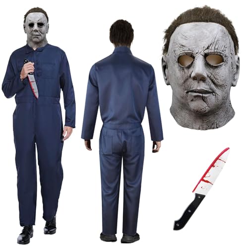 Betensh Michael Myers Maske Horror Maske mit Spielzeug Blutmesser, inklusive Michael Myers Kostüm, Rollenspiel Requisiten, Halloween, Michael Myers Kostüm Herren（XXXL） von Betensh