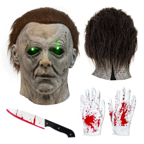 Betensh Michael Myers Maske Horror Maske mit Spielzeug Blutmesser und Handschuhen, passend zu Halloween Kostüm für Herren, Rollenspiel Requisiten, Kostüm, Augen Leuchten Gruselig Grün. Betensh Michael Myers Maske Horror Maske mit Spielzeug Blutmesser und Handschuhen, passend zu Halloween Kostüm für Herren, Rollenspiel Requisiten, Kostüm, Augen Leuchten Gruselig Grün. von Betensh