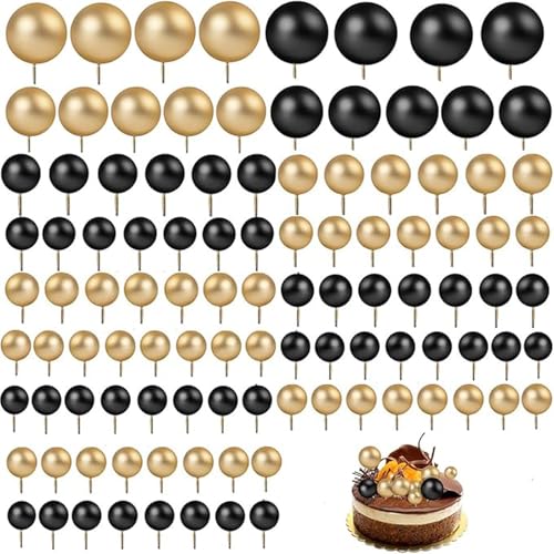 120 Stück Kugeln, Dekoration für Kuchen, BetterJonny Mini Ballon, Ball, Kuchen, Topper für Geburtstagsfeier, Dekoration von Geburtstagskuchen (Gold/Schwarz) von BetterJonny
