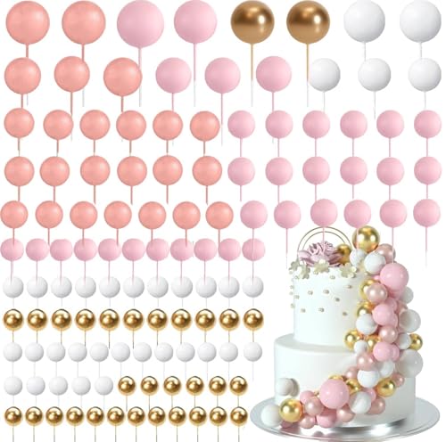 120 Stück Tortendeko Kugeln Cake Topper, BetterJonny Kuchen Dekoration Kugel DIY Mini Ballon Cupcake Einsatz Tortendeko Kugel für Hochzeit Babyparty Geburtstag Torte Dekorieren (Gold/Rosa) von BetterJonny