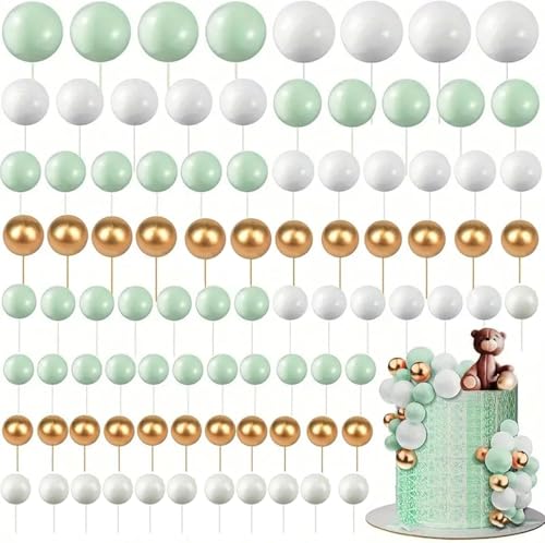 120 Stück Tortendeko Kugeln Cake Topper, BetterJonny Kuchen Dekoration Kugel DIY Mini Ballon Cupcake Einsatz Tortendeko Kugel für Hochzeit Babyparty Geburtstag Torte Dekorieren (Weiß/Gold/Grün) von BetterJonny