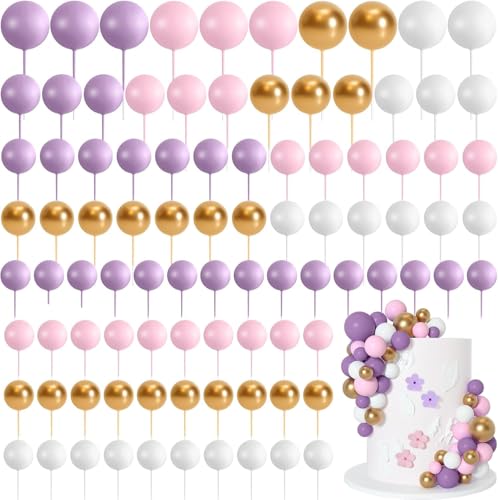 120 Stück Tortendeko Kugeln Cake Topper, BetterJonny Kuchen Dekoration Kugel DIY Mini Ballon Cupcake Einsatz Tortendeko Kugel für Hochzeit Geburtstag Torte Dekorieren (Weiß/Gold/Rosa/Violett) von BetterJonny