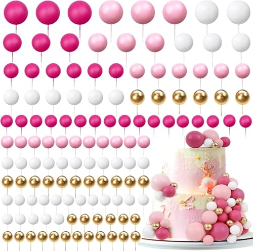 BetterJonny 120 Stück Kugeln, Dekoration für Kuchen, Mini-Ballon, Ball, Kuchen, Topper, für Geburtstagsfeier, Dekoration von Geburtstagskuchen (Weiß/Gold/Rosa/Rot) von BetterJonny