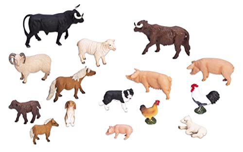 Betzold - Bauernhof-Tiere Set Tierfiguren Hoftiere 15-TLG. Naturgetreu und Handbemalt Spielfiguren Kinderspielzeug Bauernhoffiguren Kuh Rind Kalb Hund Pony Fohlen Schaf Lamm Hahn Henne Kaninchen von Betzold
