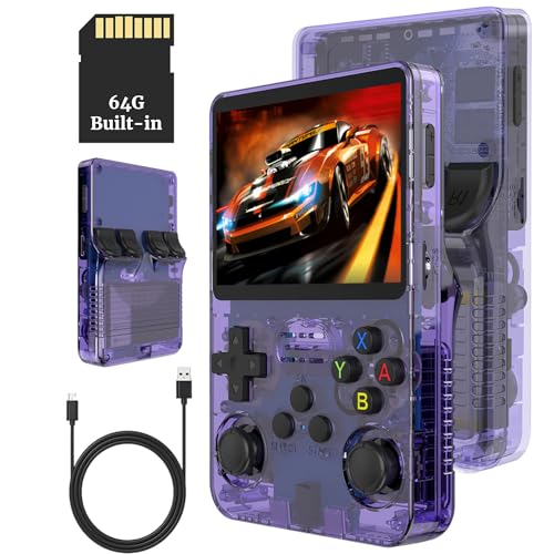 Bewinner 3,5-Zoll Retro Handheld Spielekonsole R36s, Videospielkonsole mit Dual Stylem Linux/Garlic Unterstützung, Retro Konsole mit Dual 3D Joysticks (Transparent Lila) (64G) von Bewinner