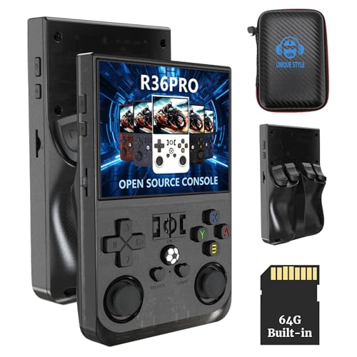 R36PRO Handheld Spiele Konsole, Neu Eingeführte 4000-mAh Retro Spielekonsole, Schnellere & Bessere Klangqualität, 3,5-Zoll-IPS-Bildschirm, 640 X 480 Open Source Game Player, Transparent Schwarz (128G) von Bewinner