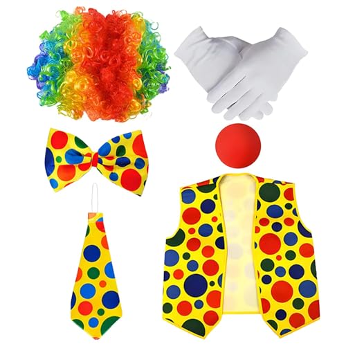 Bexdug Clown-Kostüme für Damen, Clown-Kostüm für Erwachsene,6 Stück Clown-Kleidung für Damen | Männer-Rollenspiel-Clown-Kostüme, bunte Perücke, rote Nase, Fliege, weiße Handschuhe, Weste im von Bexdug