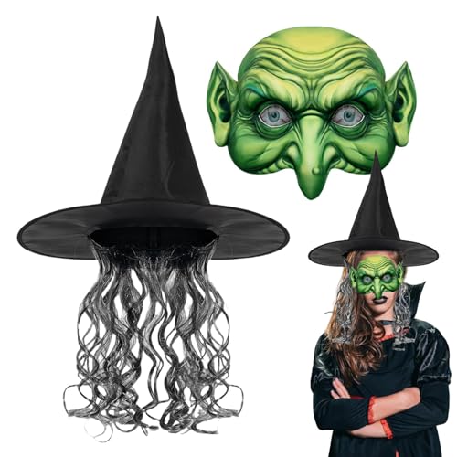 Bexdug Hexenhut-Kostüm für Damen, schwarzer Hexen-Perückenhut,Halloween-Hexe-Kostüm-Set - Hexen-Rollenspiel-Party-Gesichtsmaskerade-Halloween-Hexenkostüm-Set für Männer von Bexdug