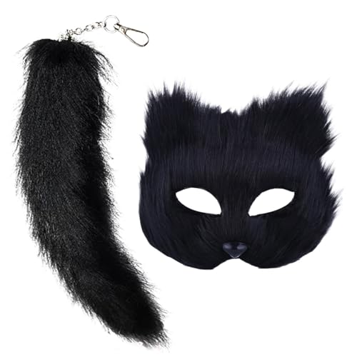 Bexdug Therian-Masken- und Schwanz-Set, Kostüm Pelzige Füchse Maske, Katzenmaske Halbgesicht Maskerade Schwanz mit Schlüsselanhänger, Therian Maskerade für Cosplay Kostüm Party Zubehör von Bexdug