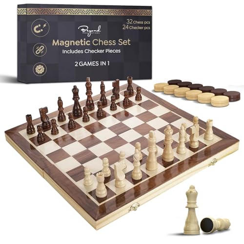 Magnetisches Schachbrett aus Holz, 38,1 cm, faltbares Schachset – 2 zusätzliche Königinnen – magnetisches Schachspiel mit Aufbewahrung, Schachsets für Erwachsene, handgefertigtes tragbares von Beyond Innoventions