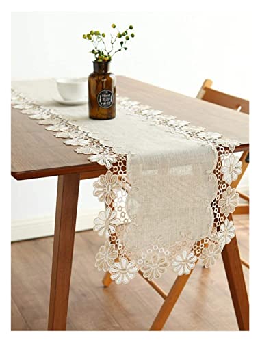 Tischdecke, Tischhusse, Tischläufer, Hellbrauner Stil, Moderner Tischläufer aus Leinen for Couchtisch und Hochzeitsfeier, Einfarbiges Design mit Hohlblumen und rustikaler Spitze(40 * 90) von BgnEhRfL