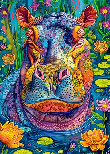 Bgraamiens Puzzle - Nilpferd im Wasser, rechteckig, Nilpferd im Wasser, wildes Tierthema, Farbe, herausfordernd, schönes Puzzle für Erwachsene und Kinder (Hippo im Wasser) von Bgraamiens