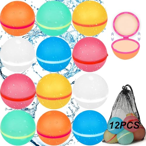 Bhina 12 Stück Wasserbomben Wiederverwendbar & 1 Mesh Bag, Magnet Selbstschließend Schnell Wiederbefüllbare Silikon Wasserbomben, Wasserbomben Set für Wasserschlachten, Familienaktivitäten (12 color) von Bhina