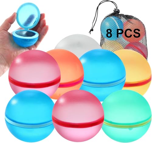 Bhina 8 Stück Wasserbomben Wiederverwendbar & 1 Mesh Bag, Magnet Selbstschließend Schnell Wiederbefüllbare Silikon Wasserbomben, Wasserbomben Set für Wasserschlachten, Familienaktivitäten (8 color) von Bhina