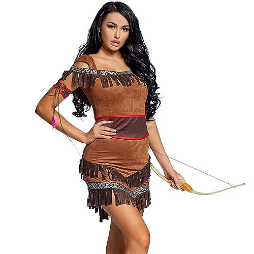 Bianriche Indianer-Kostüm, Bogenschützen-Kostüm, für Damen, Kleidung für Party, Halloween, Cosplay, Rollenspiele, Größe S von Bianriche