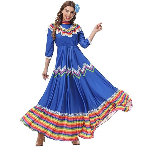 Bianriche Mexikanische Nationalkostüme, Kostüm-Outfit, Damen, blaue Kleidung für Party, Halloween, Cosplay, Rollenspiele, Größe XL von Bianriche