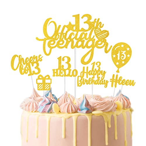 Biapian 13. Geburtstag Tortendeko, 13 Official Teenager Cake Topper Gold, 13. Teenager Kuchendeko mit Glitzer Hello 13 Cheers to 13 Cupcake Topper für Junge Mädchen 13. Geburtstag Kuchen Dekoration von Biapian