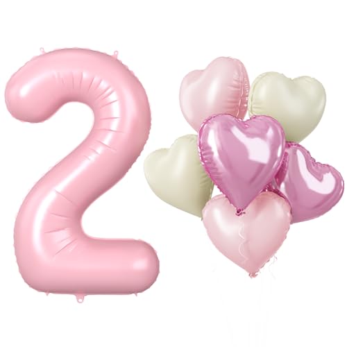 Biapian Luftballon 2. Geburtstag, XXL Pastell Rosa Folienballon Zahl 2 mit Herzluftballon, 40'' Hellrosa Zahlen 2 Ballon Geburtstagsdeko für Mädchen Frau Valentinstag 2 Jahre Jubiläum Party Dekoration von Biapian