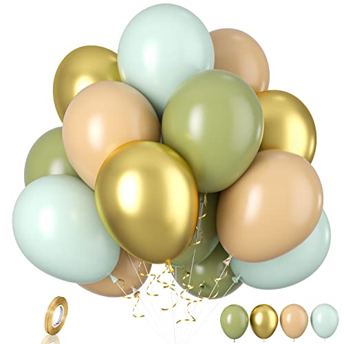 Biapian Luftballons Grün Gold, 20 Stück Salbeigrün Weiß Luftballons Geburtstag, 12 Zoll Grün Aprikosen Beige Latexballons Metallic Gold Ballons Helium für Dschungel Geburtstag Hochzeit Babyparty Deko von Biapian