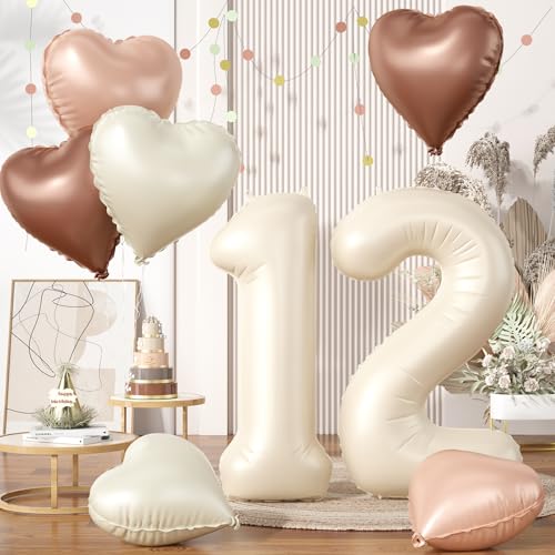 Folienballon Zahl 12, XXL Creme Beige Zahlenballon 12, 40 Zoll Groß Nude Zahlen Luftballon 12. Geburtstag Deko mit Kaffee Braun Aprikose Herzluftballons Helium für Mädchen 12 Jahre Geburtstagsdeko von Biapian