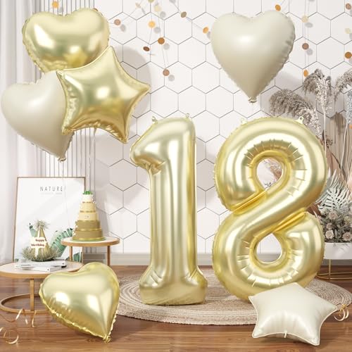 Folienballon Zahl 18 Gold, XXL Hellgold Zahlenballon 18 für Mädchen Junge, 40 Zoll Zahlen Luftballon 18. Geburtstag Deko mit Creme Herzluftballons Helium für Kinder Babyparty 18 Jahre Geburtstagsdeko von Biapian
