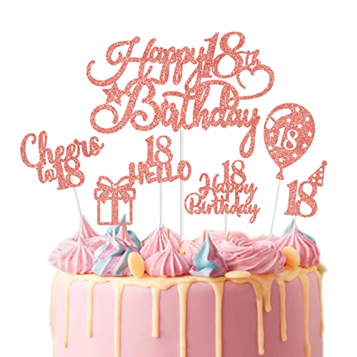 Geburtstag Tortendeko 18, Happy Birthday 18 Cake Topper Roségold, 18. Geburtstag Kuchendeko Mädchen mit Glitzer Hello 18 Geschenk Ballon Cupcake Topper für Mädchen 18. Geburtstag Kuchen Dekoration von Biapian