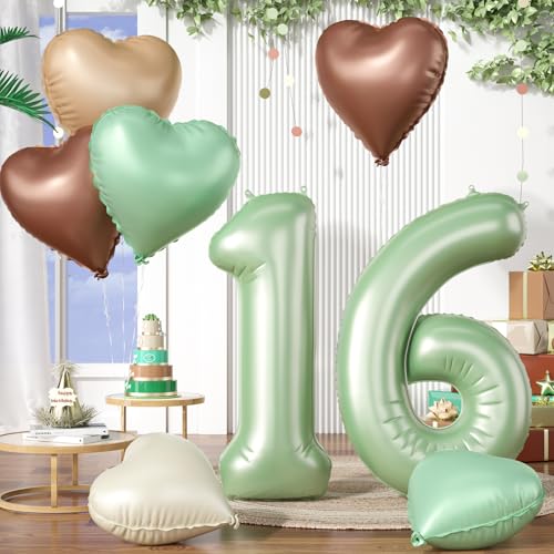Luftballon 16. Geburtstag, 40 Zoll Salbeigrün Zahl 16 Luftballon, XXL Olivgrün Nummer 16 Folienballon Beige Braune Aprikosen Herzluftballons für Jungen Mädchen Babyparty 16. Geburtstag Party Deko von Biapian