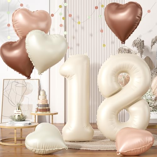 Luftballon 18. Geburtstag, 40 Zoll Beige Zahl 18 Luftballon, XXL Cremefarbene Nummer 18 Folienballon Braune Aprikosen Herzluftballons Helium für Jungen Mädchen Babyparty 18. Geburtstag Party Deko von Biapian