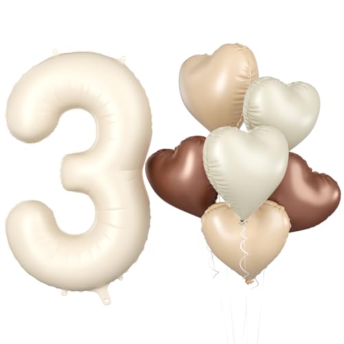 Luftballon 3. Geburtstag, 40 Zoll Beige Zahl 3 Luftballon, XXL Cremefarbene Nummer 3 Folienballon Braune Aprikosen Herzluftballons Neutraler für Jungen Mädchen Babyparty 3. Geburtstag Party Deko von Biapian